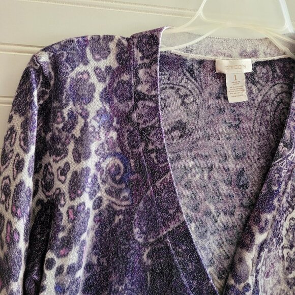 Chicos Cardigan Sweater Womens Purple Print Sparkly V Neck Long Cotton Blend - Picture 2 of 8
